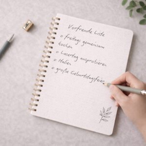 Notizbuch mit Vorfreude Liste, Selbstfürsorge statt Selbstoptimierung