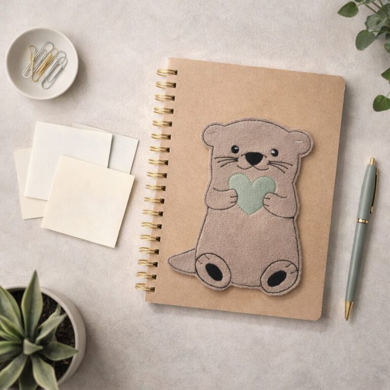 Notizbuch mit Otter Applikation, Din A5, Spiralbindung, personalisierbares Mutmach Geschenk für Schule und Freizeit