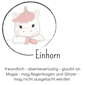 Mutmach Einhorn - freundlich, abenteuerlustig, mag Regenbogen und Glitzer