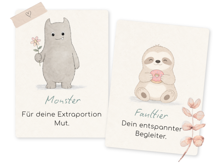 Mutmacher Charaktere: Monster - für eine Extraportion Mut Faultier - dein entspannter Begleiter