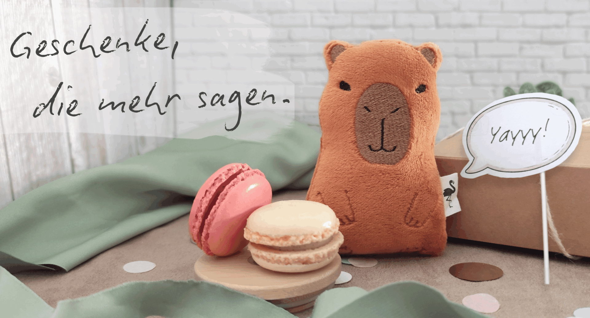 Mint Flamingo - Geschenke, die mehr sagen. Z.B. Plüsch Capybara, Mutmach Geschenk zum Geburtstag