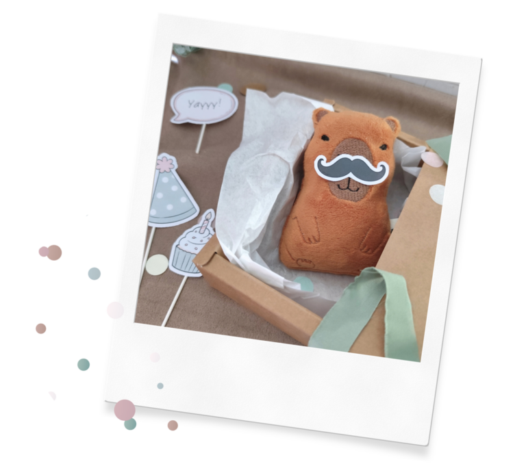 Mutmach Stofftier Capybara, Geburtstagsgeschenk mit Fotobox Requisiten